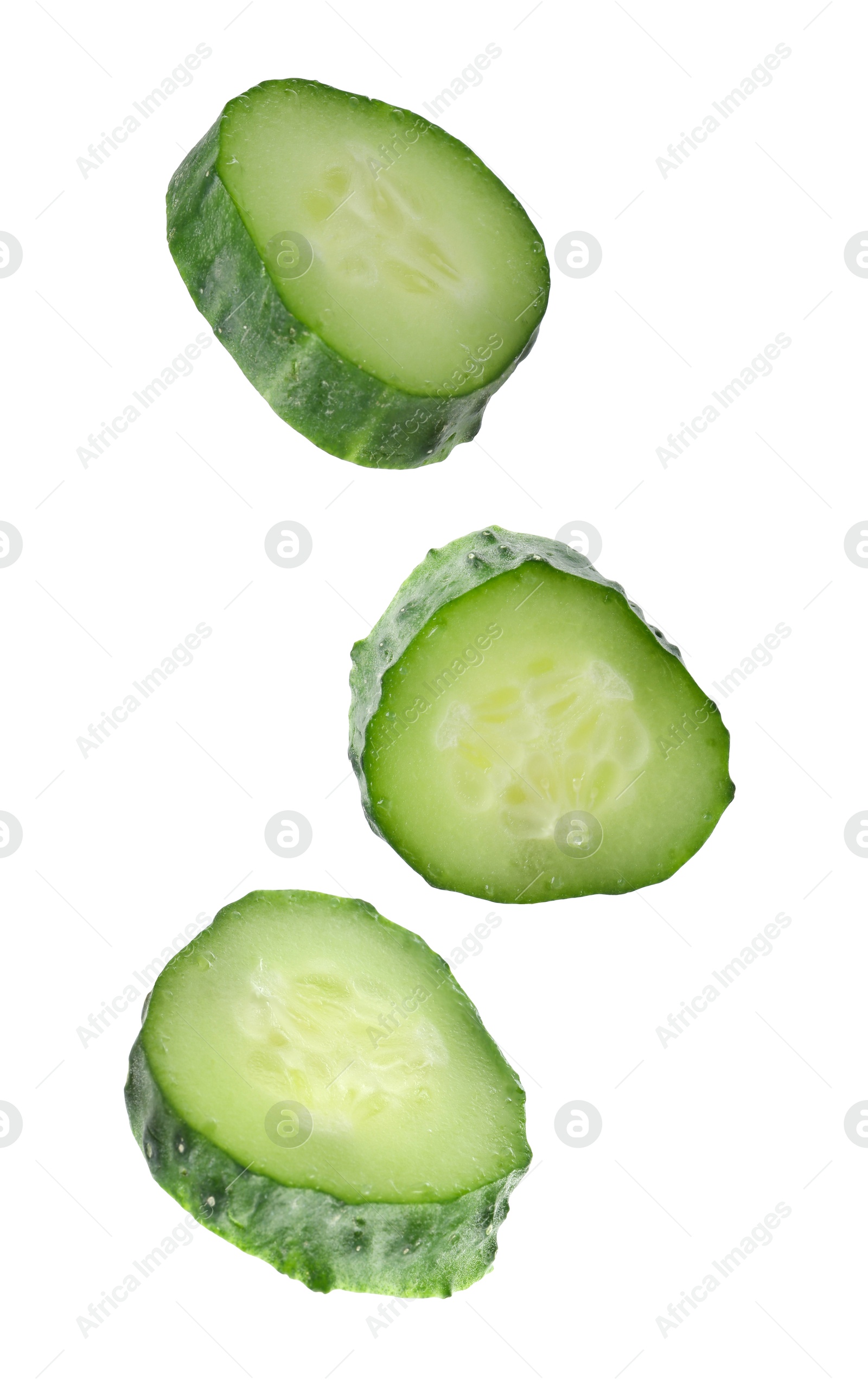 Pieces of fresh cucumbers falling on white background Image of Pieces of fresh cucumbers falling on white background