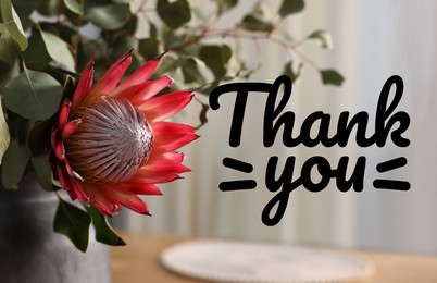 Image of Thank You card design with protea flower and eucalyptus branches in vase on table