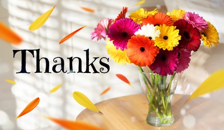 Image of Thank You card design with gerbera flowers in vase and flying petals