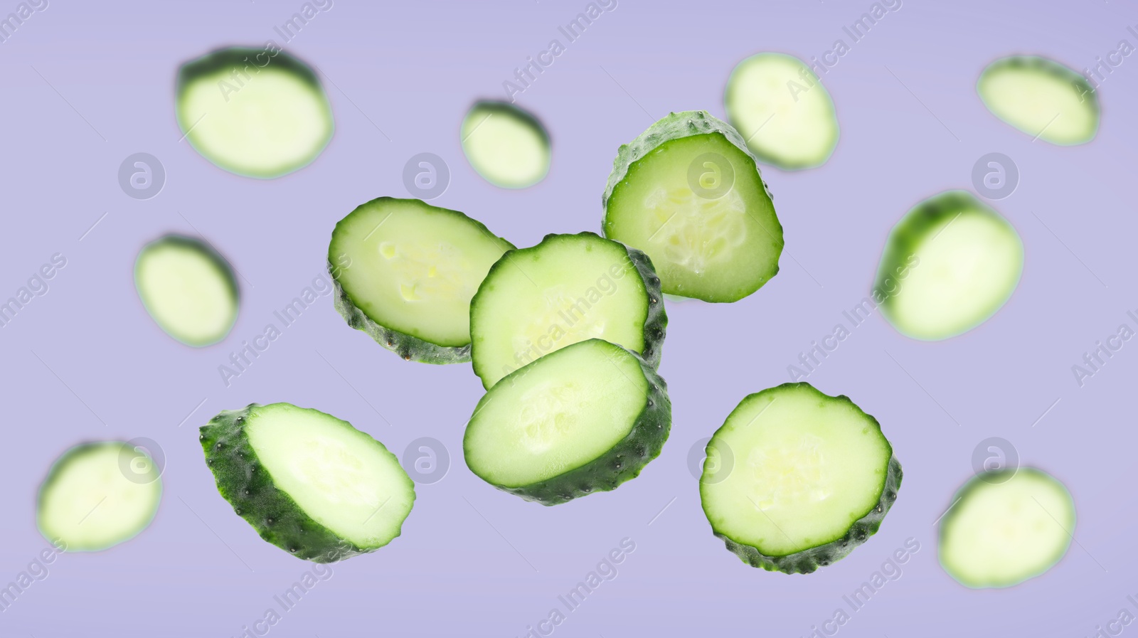Pieces of fresh cucumbers falling on violet background Image of Pieces of fresh cucumbers falling on violet background