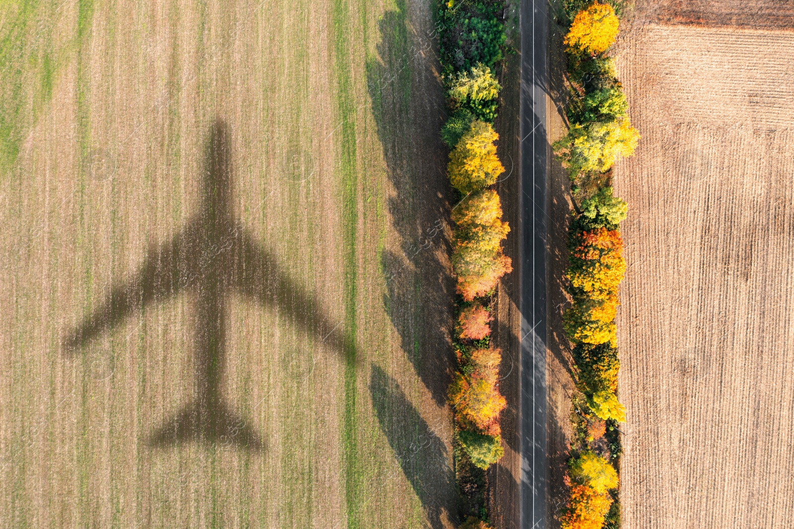 Flying airplane casting shadow on agricultural field, top view Image of Flying airplane casting shadow on agricultural field, top view