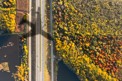 Image of Flying airplane casting shadow on road bridge across river near beautiful autumn forest, top view