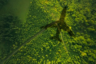 Image of Flying airplane casting shadow on forest, top view