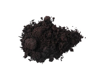 Photo of Pile of fresh soil isolated on white, top view