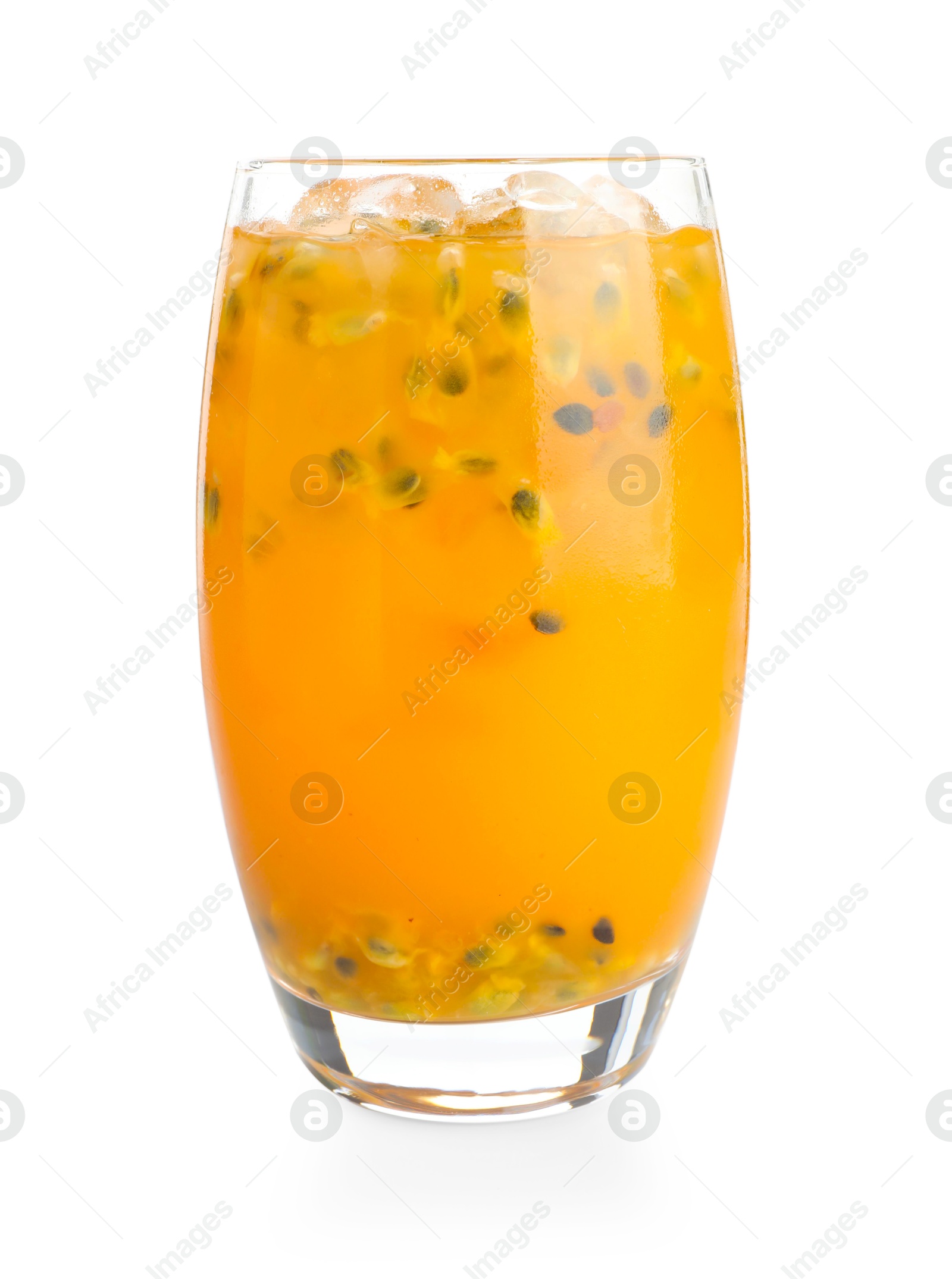 Photo of Tasty passion fruit drink in glass isolated on white