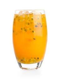 Photo of Tasty passion fruit drink in glass isolated on white