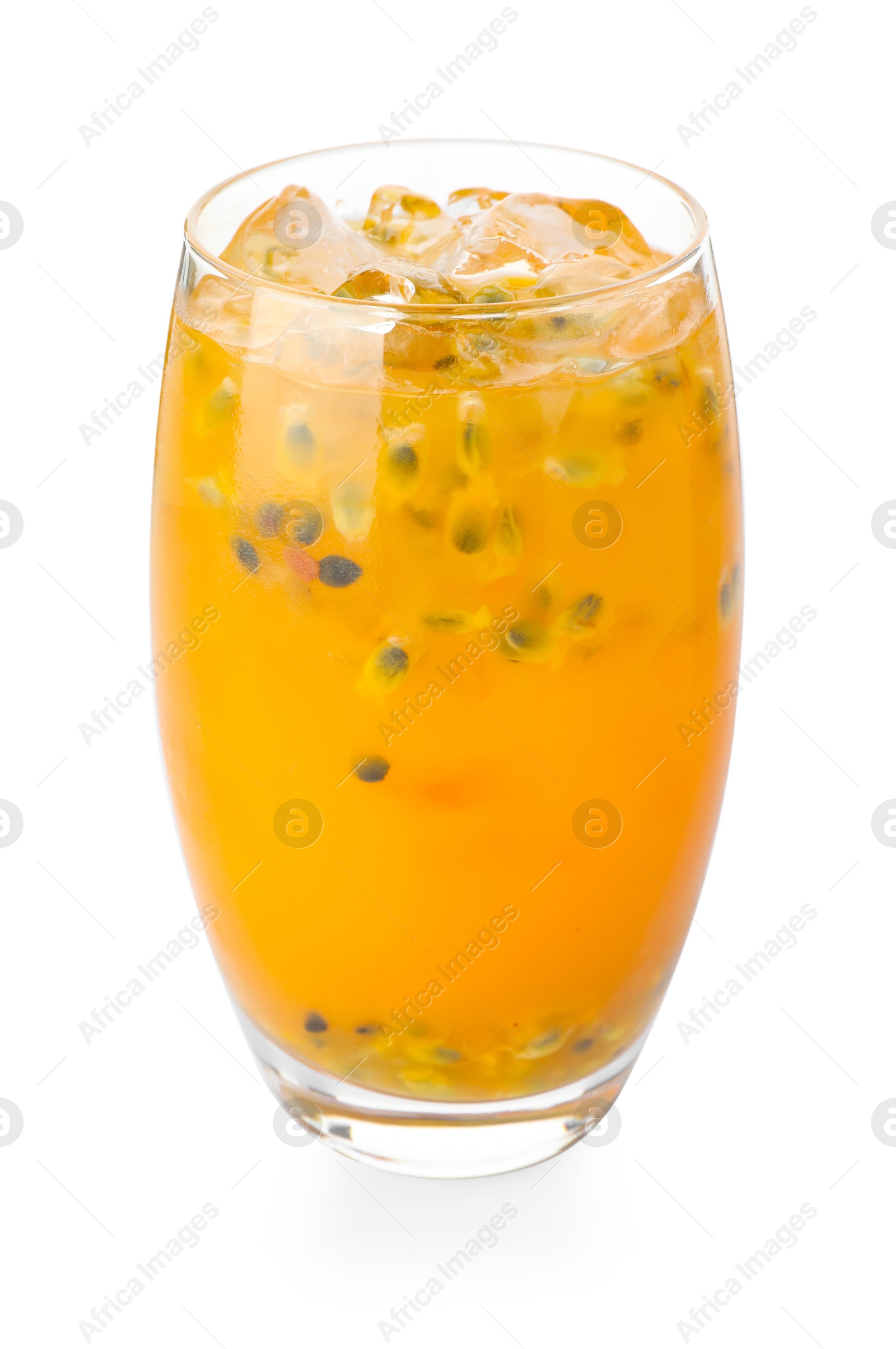 Photo of Tasty passion fruit drink in glass isolated on white