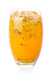 Photo of Tasty passion fruit drink in glass isolated on white