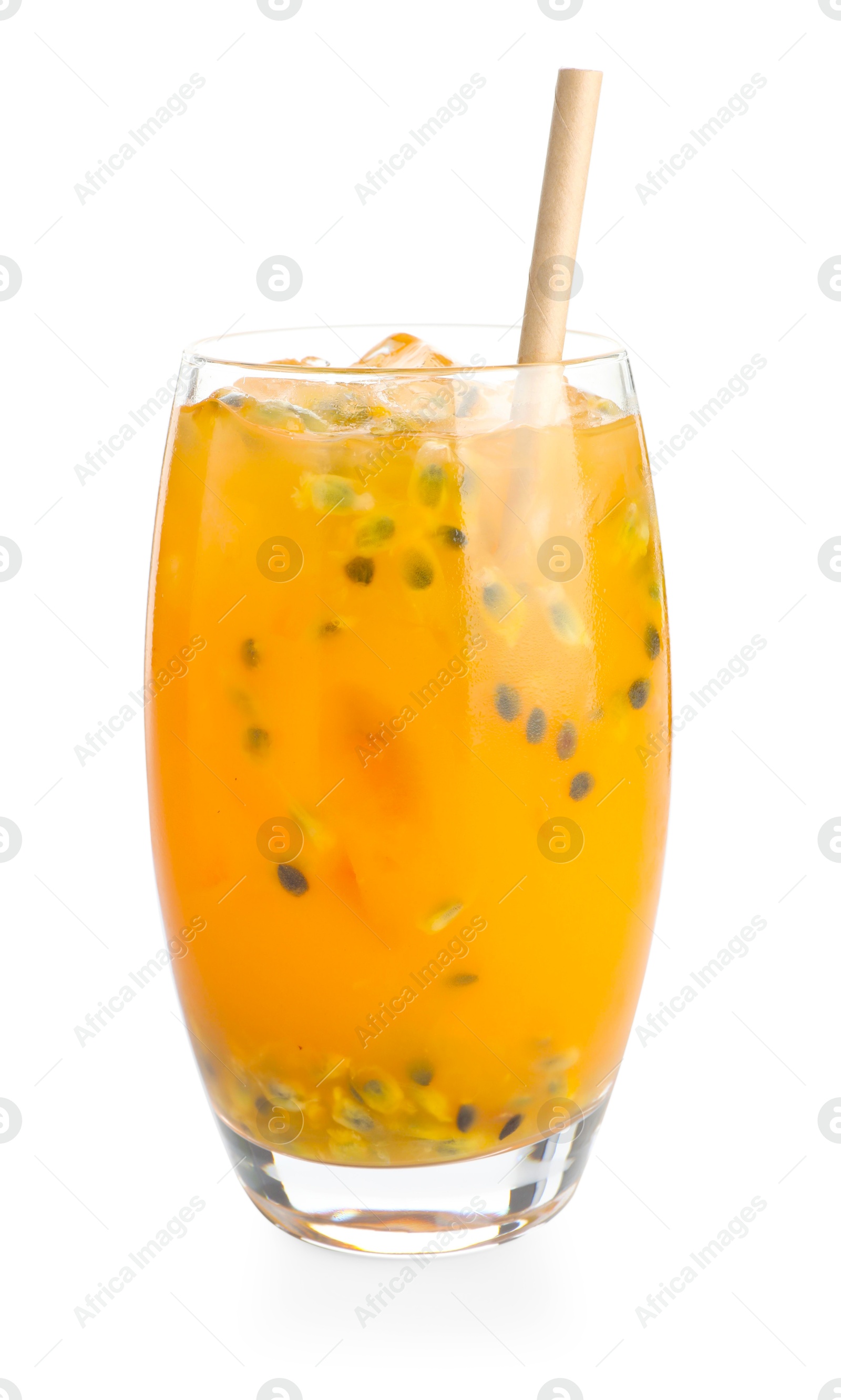 Photo of Tasty passion fruit drink in glass isolated on white