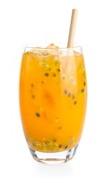Photo of Tasty passion fruit drink in glass isolated on white