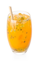 Photo of Tasty passion fruit drink in glass isolated on white