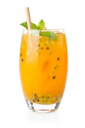 Photo of Tasty passion fruit drink with mint in glass isolated on white
