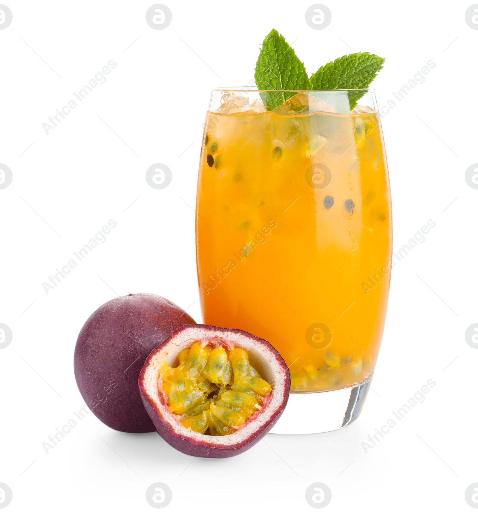 Tasty passion fruit drink with mint in glass and fresh fruits isolated on white Photo of Tasty passion fruit drink with mint in glass and fresh fruits isolated on white