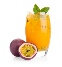Photo of Tasty passion fruit drink with mint in glass and fresh fruits isolated on white