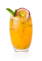 Photo of Tasty passion fruit drink with mint in glass isolated on white