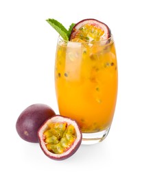 Photo of Tasty passion fruit drink with mint in glass and fresh fruits isolated on white