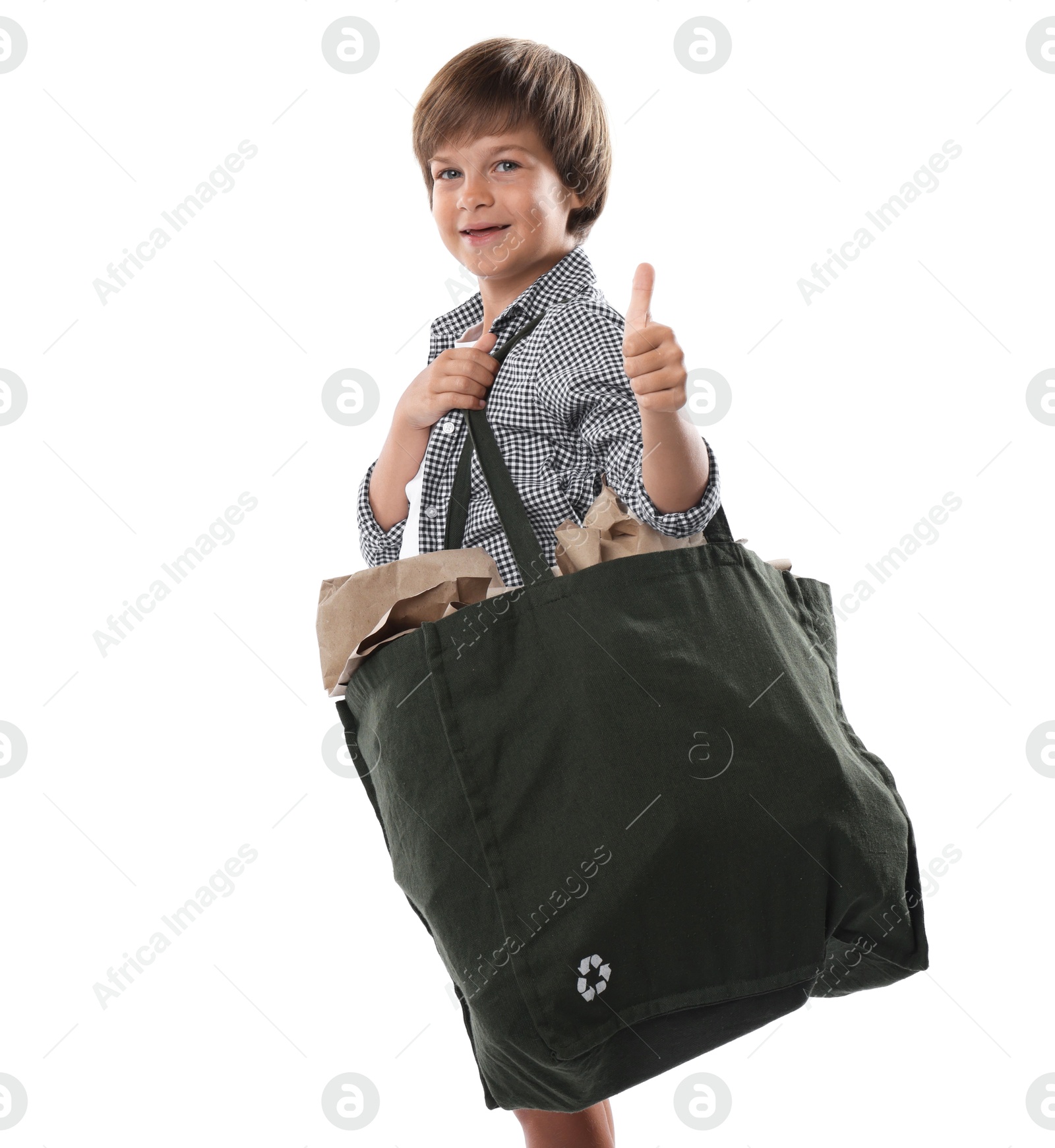 Recycling. Cute little boy with bag full of different waste paper showing thumbs up on white background Photo of Recycling. Cute little boy with bag full of different waste paper showing thumbs up on white background