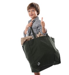 Photo of Recycling. Cute little boy with bag full of different waste paper showing thumbs up on white background