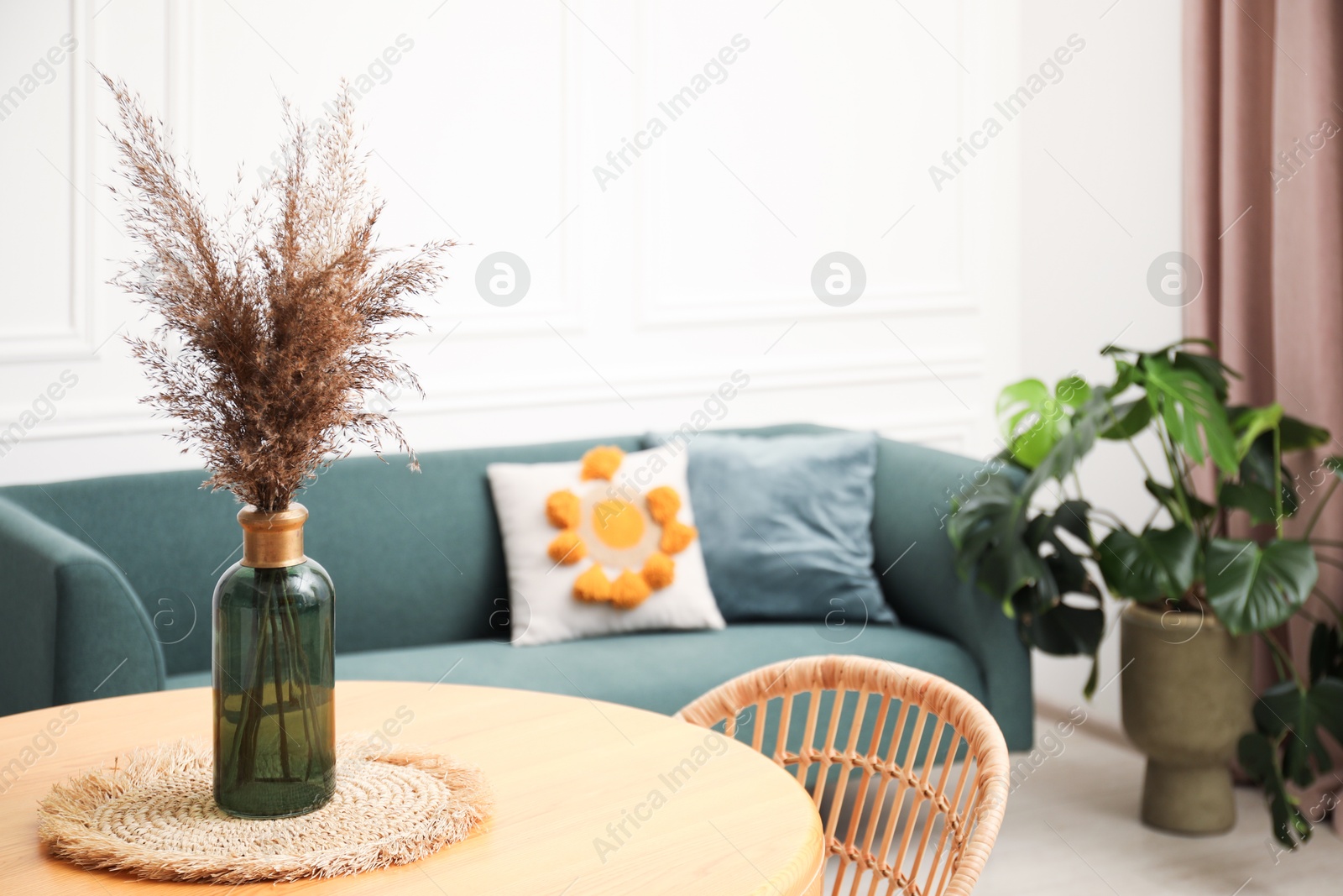 Photo of Wooden table with decor and stylish chair in dining room, closeup