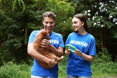Photo of Volunteers with cute stray dog and toy outdoors. Animal rescue