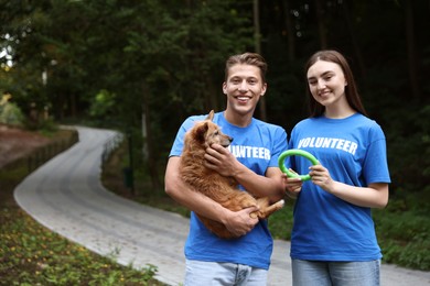 Photo of Volunteers with cute stray dog and toy outdoors, space for text