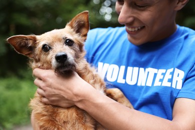 Photo of Volunteer with cute stray dog outdoors. Animal rescue