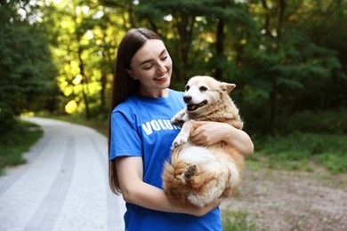Photo of Volunteer with cute stray dog outdoors. Animal rescue