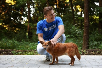 Photo of Volunteer with cute stray dog outdoors. Animal rescue