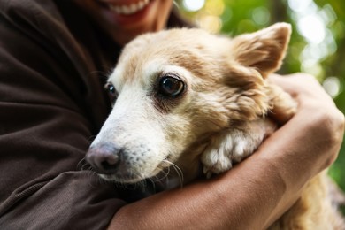 Photo of Man holding his cute dog outdoors, closeup