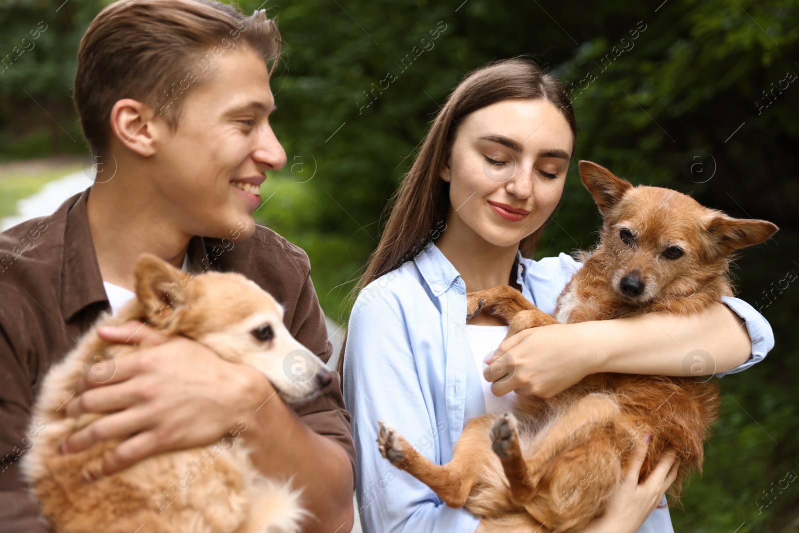 Photo of Happy couple holding their cute dogs outdoors