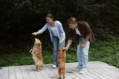 Photo of Happy couple with their cute dogs outdoors