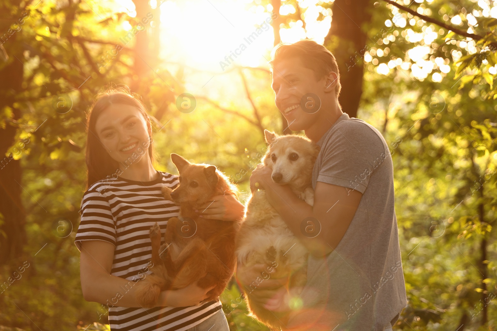 Photo of Happy couple holding their cute dogs outdoors