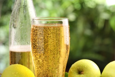 Photo of Delicious cider in glass, bottle and apples on blurred background, closeup