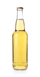 Photo of Delicious apple cider in glass bottle isolated on white