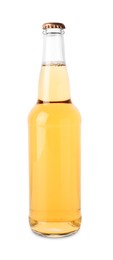 Photo of Delicious apple cider in glass bottle isolated on white