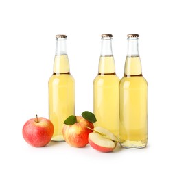 Photo of Delicious cider in glass bottles and apples isolated on white