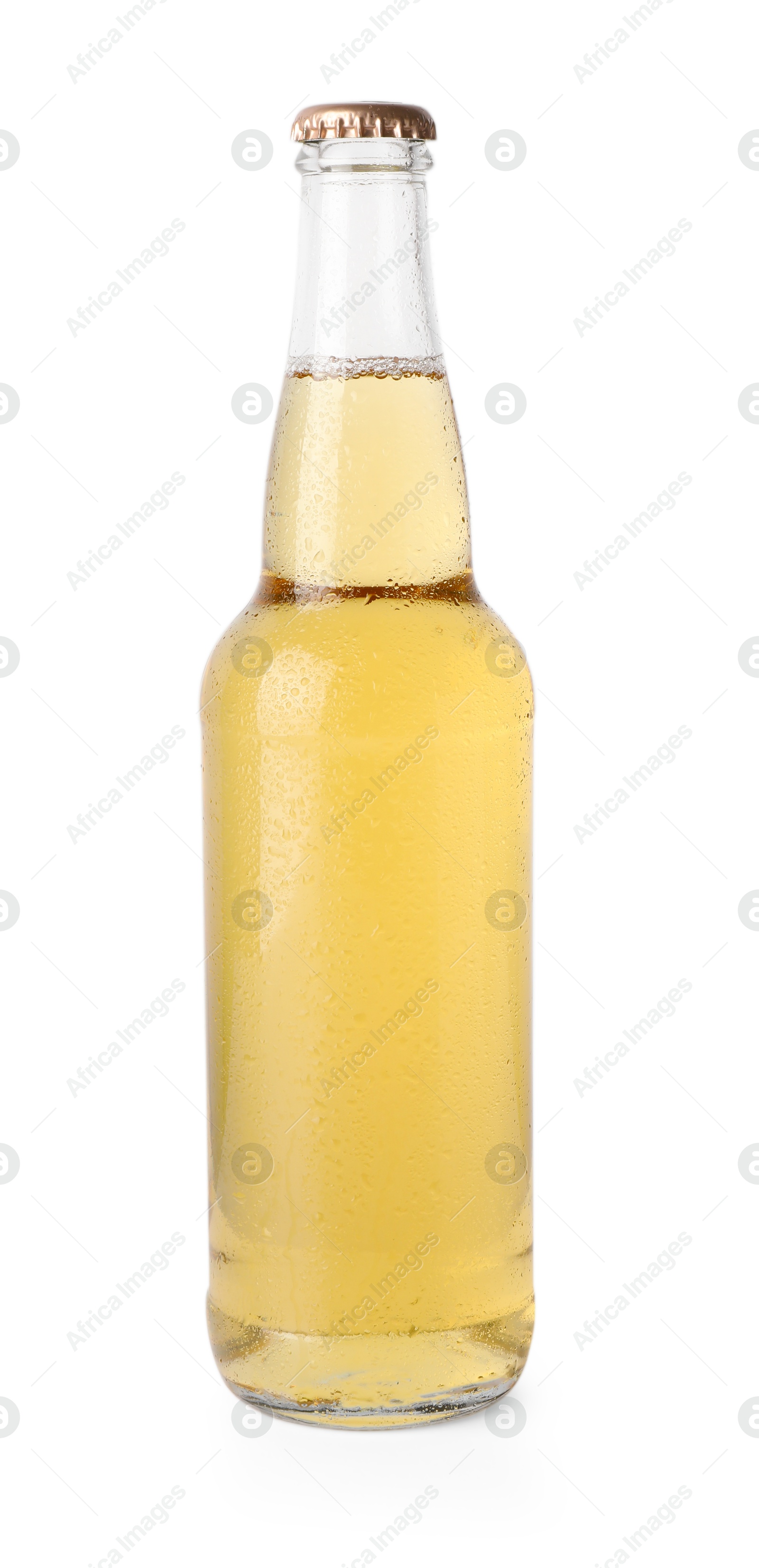 Photo of Delicious apple cider in glass bottle isolated on white