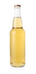 Photo of Delicious apple cider in glass bottle isolated on white