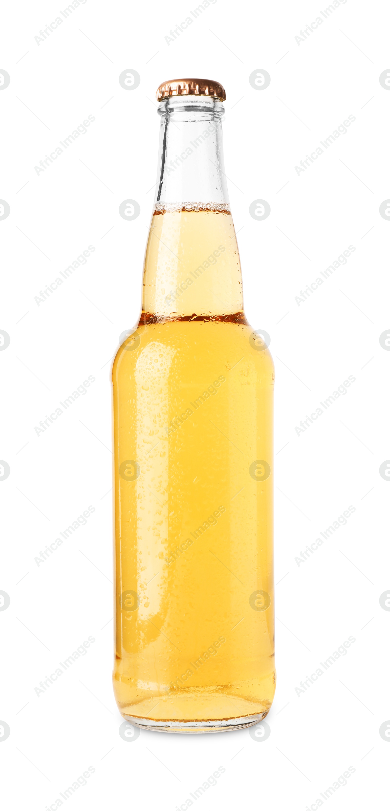 Photo of Delicious apple cider in glass bottle isolated on white