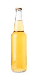 Photo of Delicious apple cider in glass bottle isolated on white