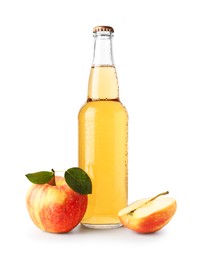 Photo of Delicious cider in glass bottle and apples isolated on white