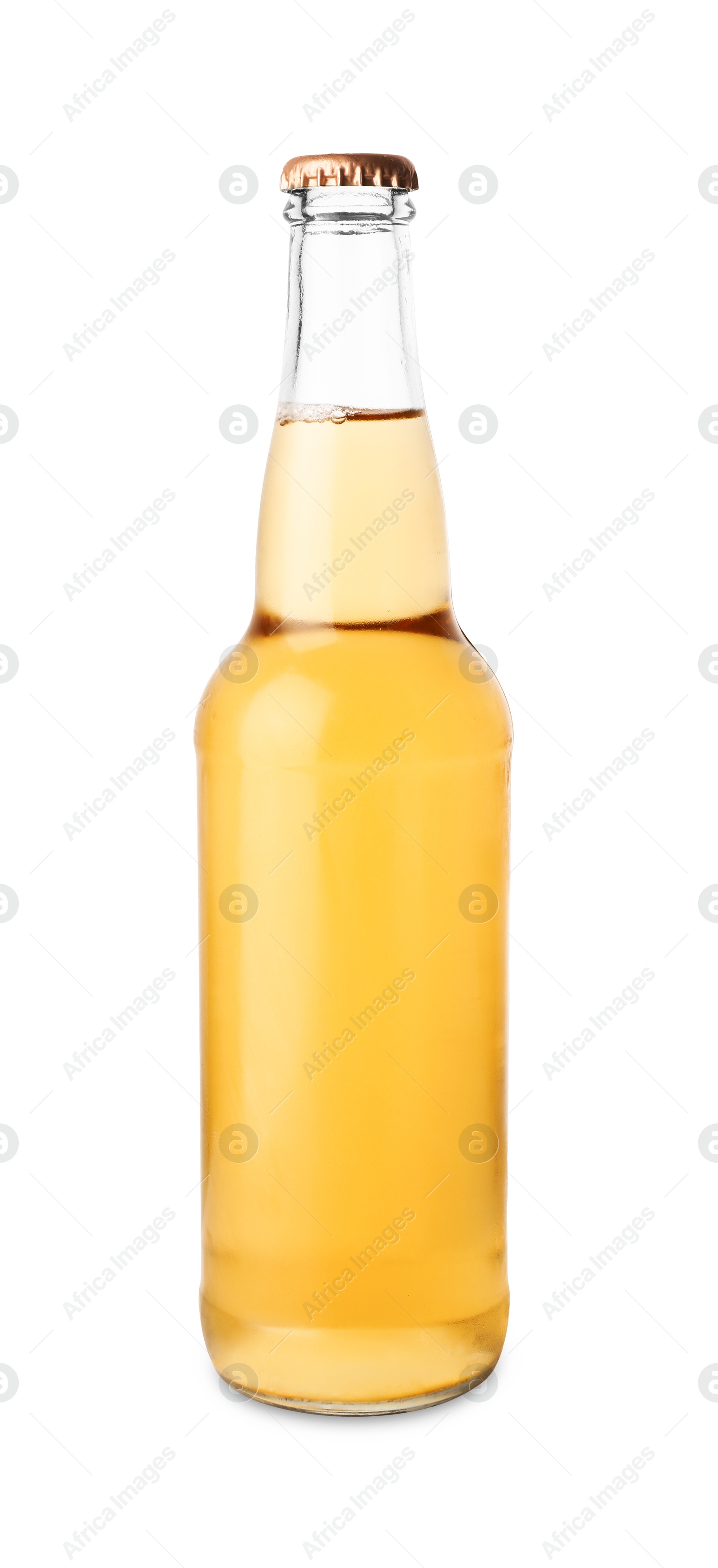 Photo of Delicious apple cider in glass bottle isolated on white