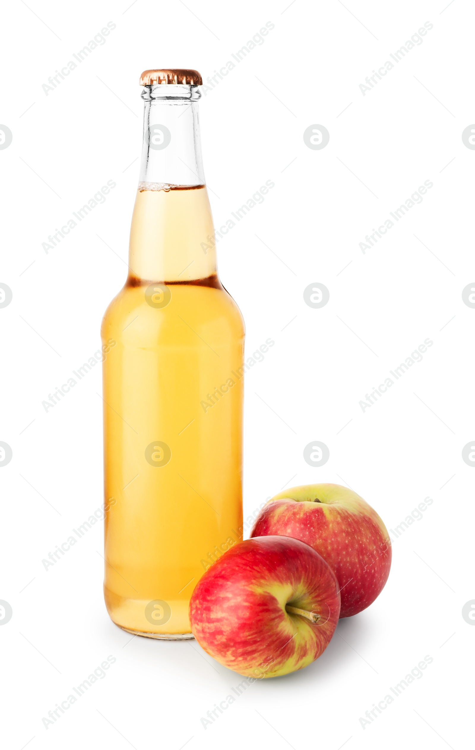 Photo of Delicious cider in glass bottle and apples isolated on white