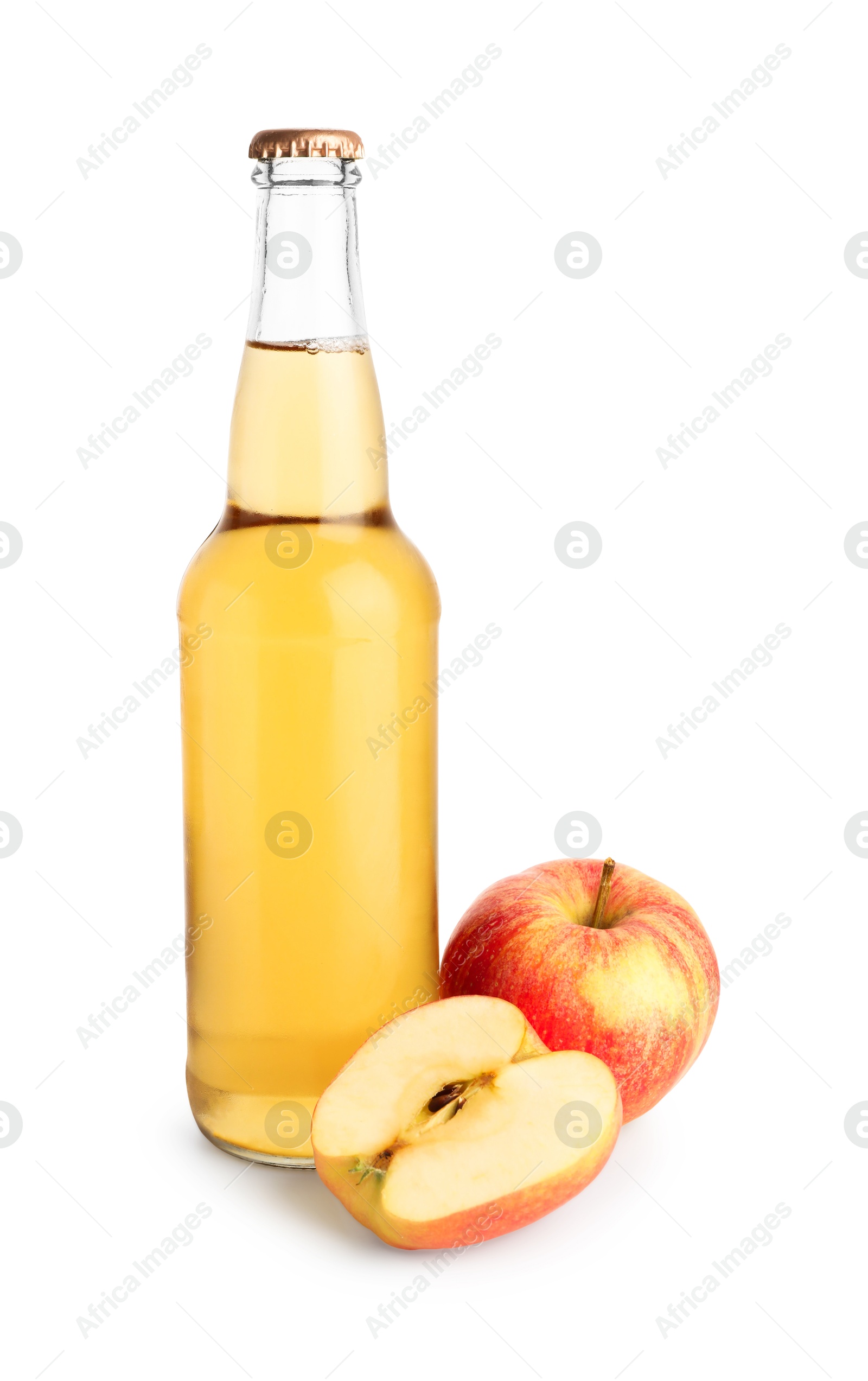 Photo of Delicious cider in glass bottle and apples isolated on white