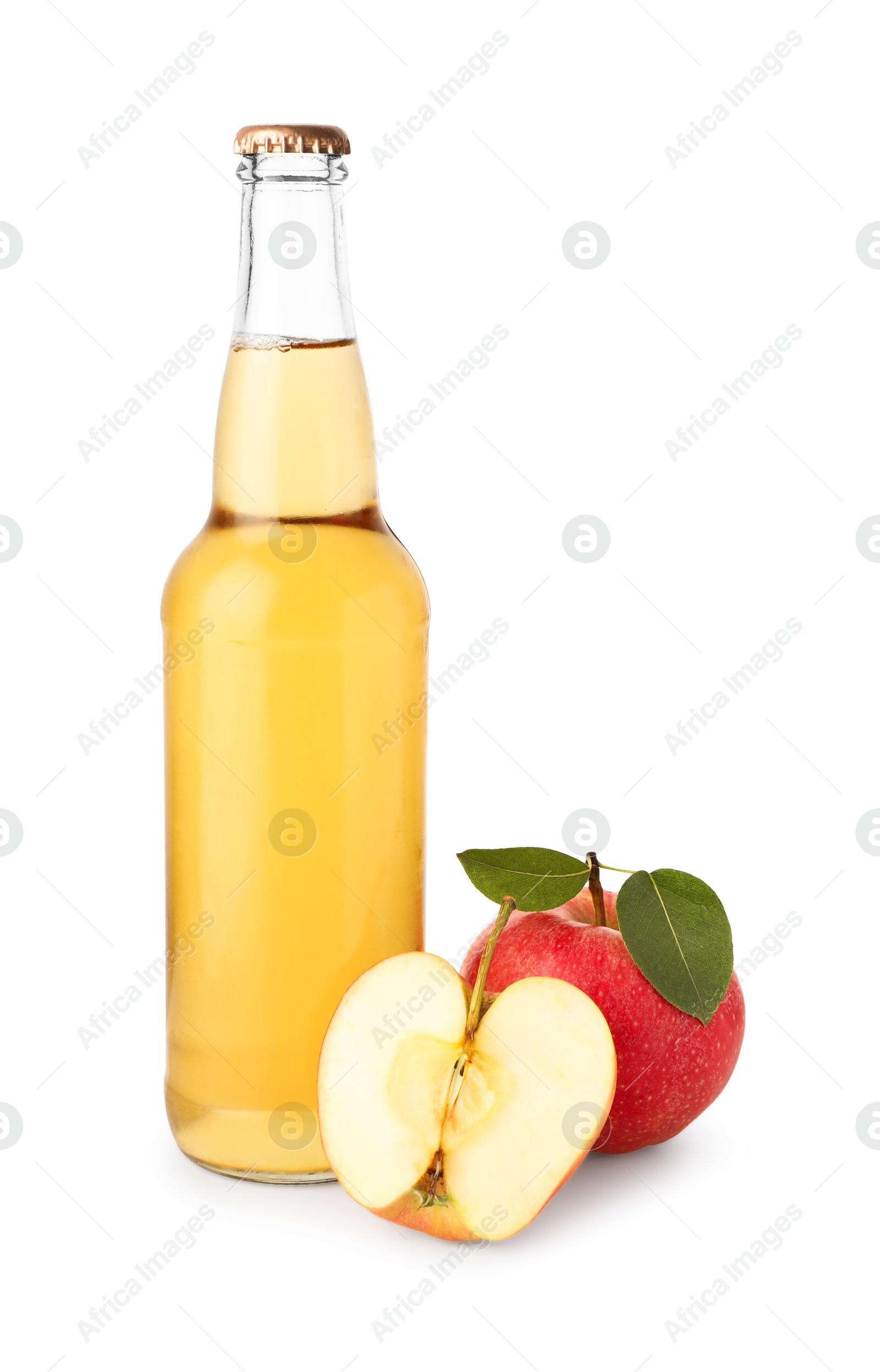 Photo of Delicious cider in glass bottle and apples isolated on white