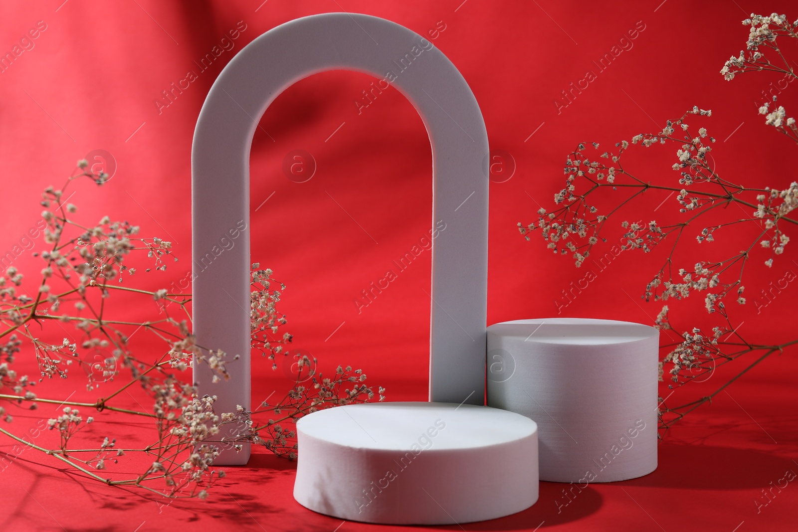Photo of Promotion. Different podiums for product presentation and gypsophila flowers on red background, closeup