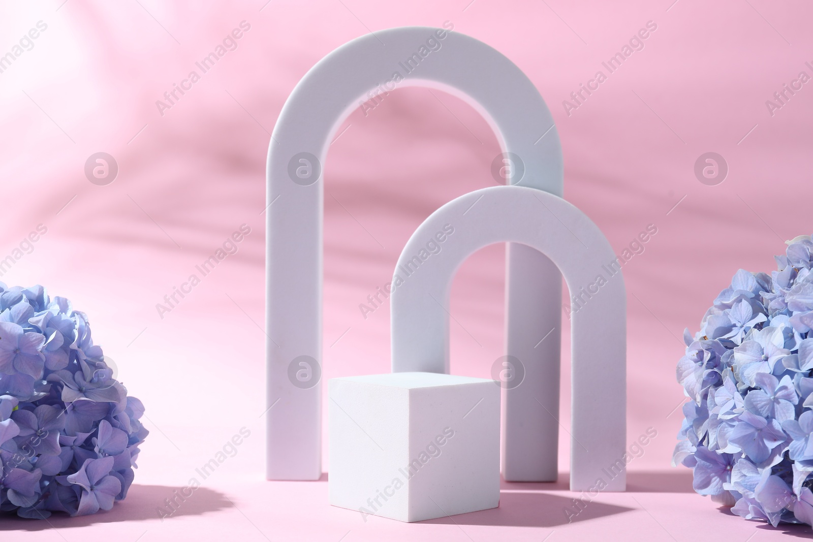 Photo of Promotion. White figures and hydrangea flowers on pink background