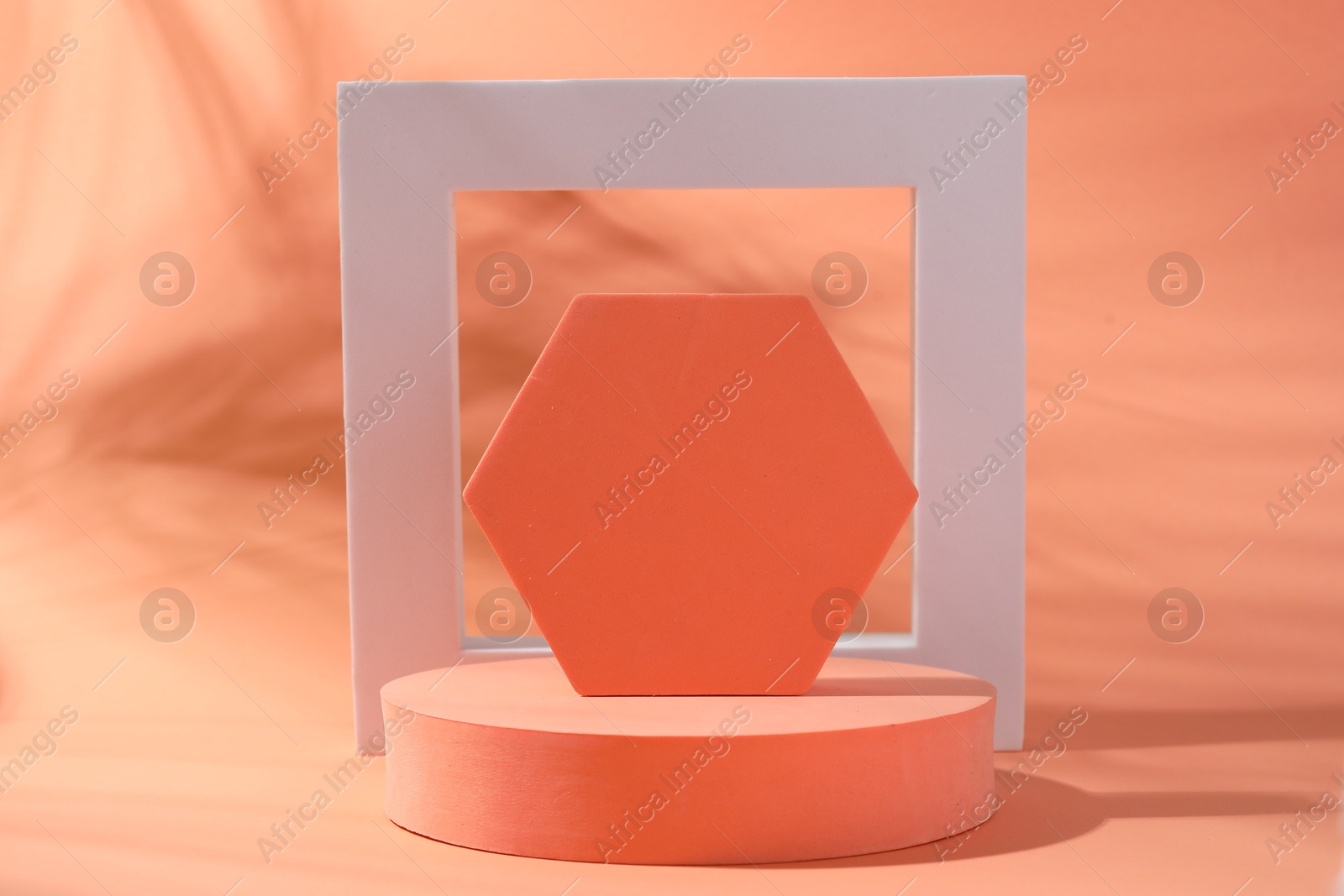Photo of Promotion. Different figures for product presentation on coral background