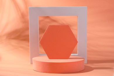 Photo of Promotion. Different figures for product presentation on coral background