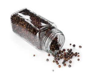 Photo of Peppercorns in glass jar isolated on white. Aromatic spice